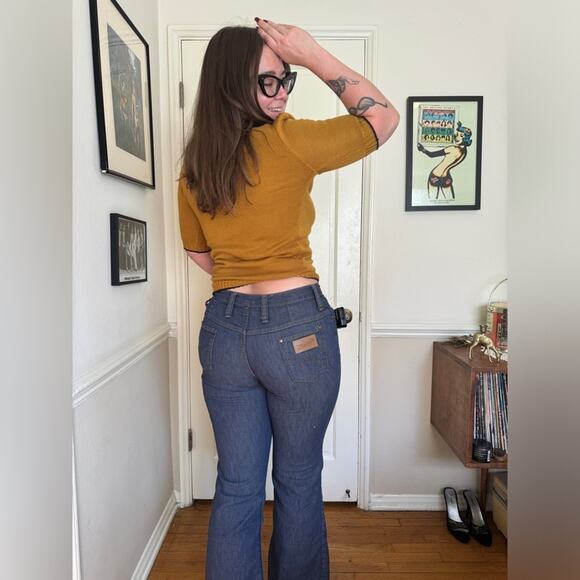 60s Vintage Wrangler Kick Flare Blue Jeans Snap Fly - Picture 2 of 14